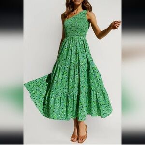 NWT Zcsia Floral One Shoulder Sleeveless Smocked Ruffle‎ Tiered Midi Dress Sz M